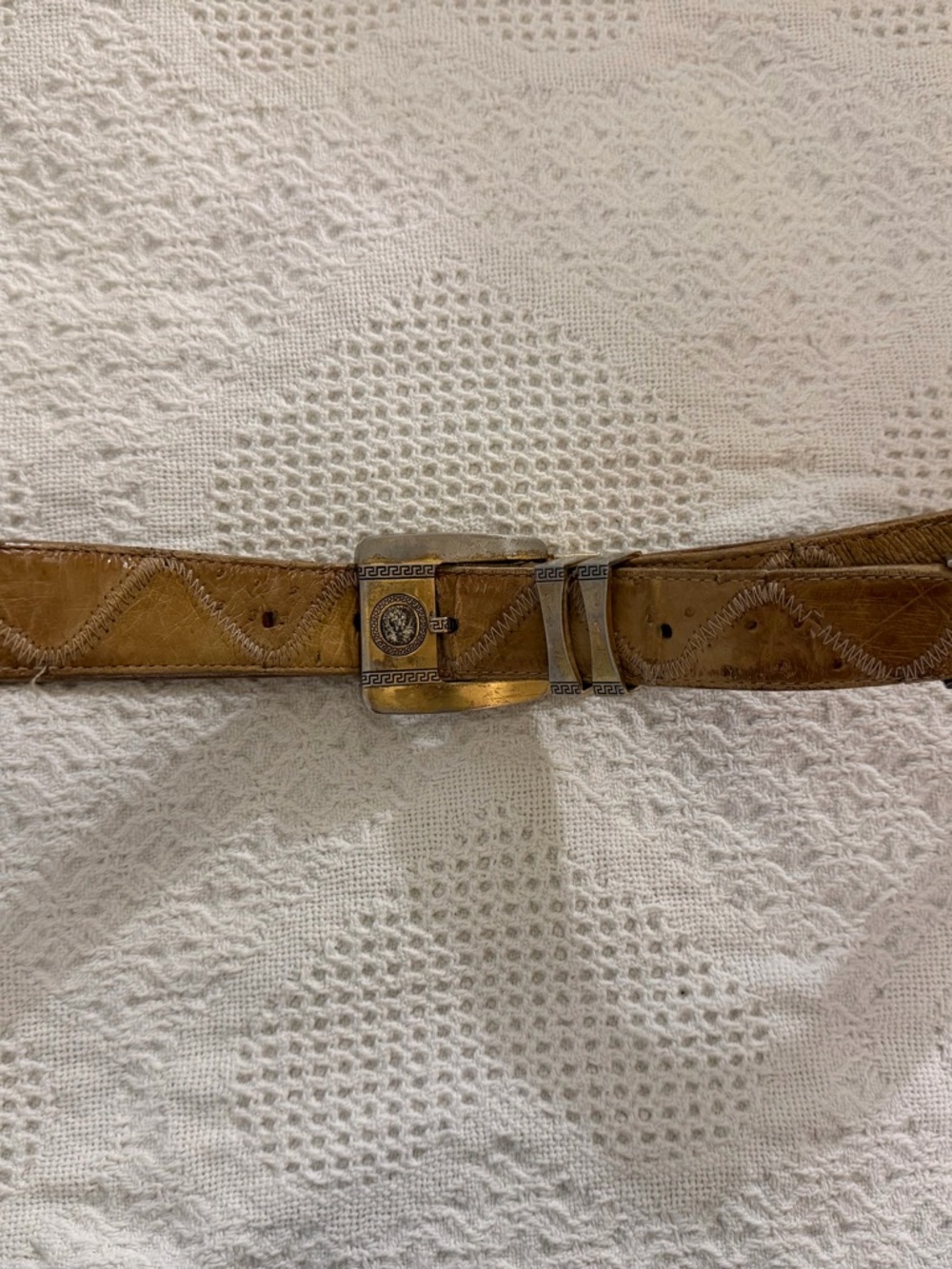 Versace Tan Leather Belt with Gold-Tone Decorative Buckle